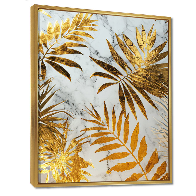 Glam Botanical On White - feuilles, art mural, salon, Toile avec cadre flottant or, H 20 po x l 12 po x P 1 po