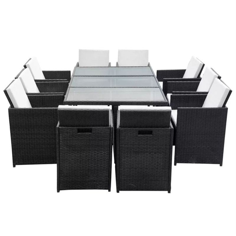 Rectangular 10 - Person Dining Set with Cushions, Black/Cream White