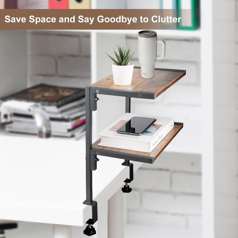 Clamp On Desk Organizer Shelf, 12 Inch Clamp-On Above Or Under Desktop Storage Shelf,2 Tier Clip On Shelving Unit For Table Accessories (Brown)