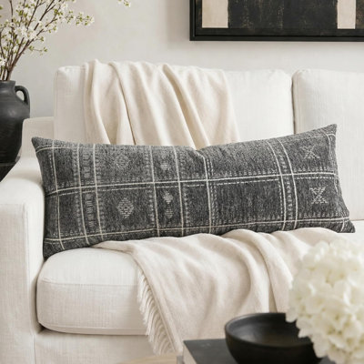 14x36, Long Decorative Throw Pillow for Bed, Dark Gray Boho Textured Chenille Accent Pillowcase