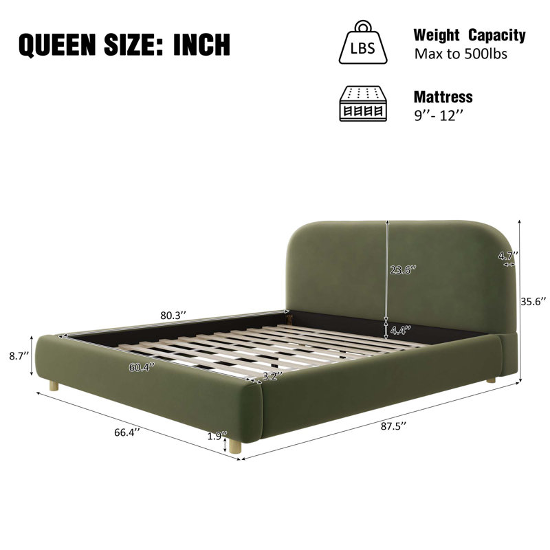 Lit plateforme tapissier avec lattes de bois Issabell, Grand, Vert olive