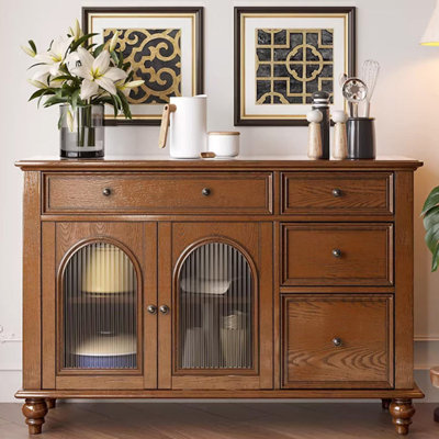 Buffet 47,24 po en bois massif rétro, armoire de rangement multifonctionnelle pour tous les espaces de la maison, unité de rangement de vaisselle de grande capacité avec portes en verre et tiroirs multiples
