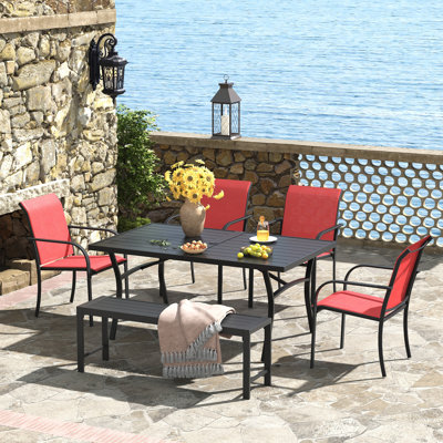 Ensemble repas d'extérieur pour 6 personnes avec chaises empilables et banc