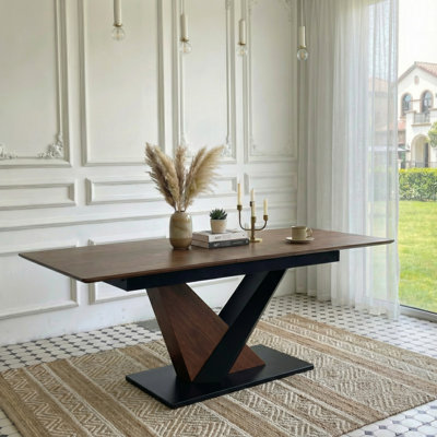 Scratch- Dining Table, Extendable, + Solid Wood Veneer, Metal Cross Base, Dark Walnut Extendable Rectangular Table For Kitchen Arrangement, Tabletop,