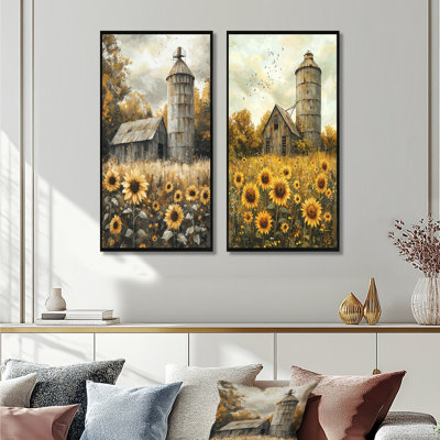 «Farm Sunflowers Around The Silo I», collection d'art mural floral 2 panneaux