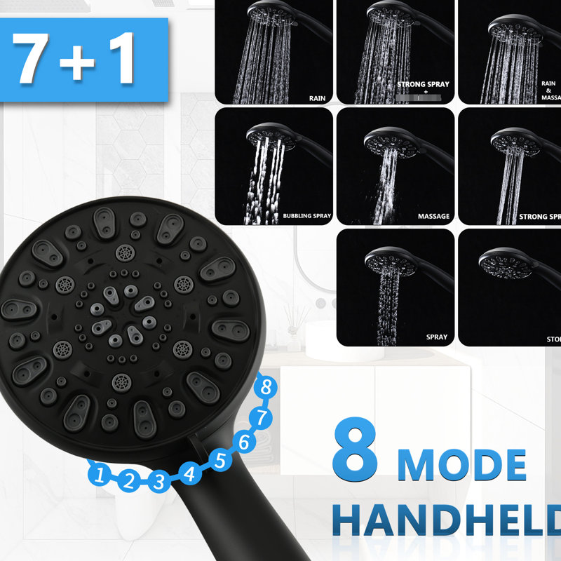 Douche à main à 7 jets avec pluie de 5 pouces et barre coulissante réglable de 26 po, double débit de 1,8 gal / min, installation, acier inoxydable ABS noir, pomme à angle réglable, 7 modes de jet pour une pomme de douche à domicile,