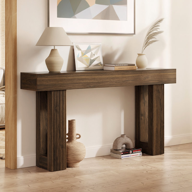 63" Ribbed Fluted Console Table, Mid-century Modern, Brown Oak, Walnut