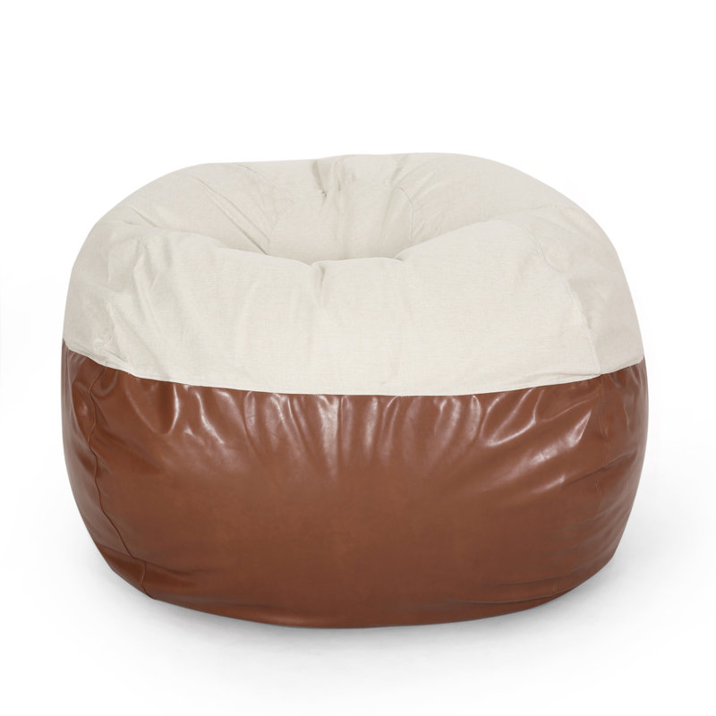 Fauteuil à billes rond Maxi en tissu et similicuir bicolore de 5 pieds, beige et brun café