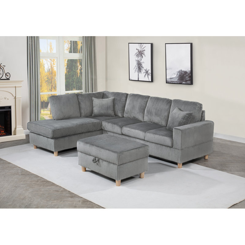 3Pc Velvet Corduroy Reversible Sectional With Chaise, Drop Down Table, And Storage Ottoman, Dark Gray Velvet