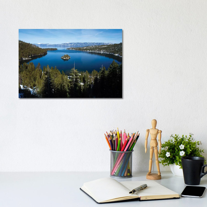 Trees At Lakeshore With Mountain Range In The Background, Lake Tahoe, California, USA I by Panoramic Images - Wrapped Canvas Print