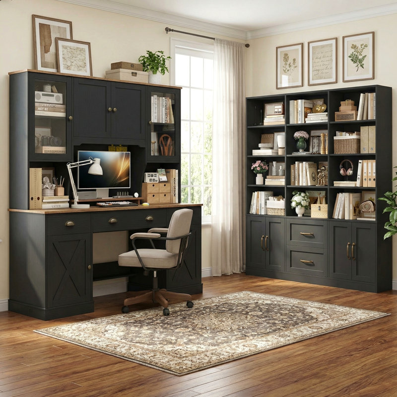 🖥️📚2-Piece Office Set – Large Computer Desk With Hutch & Triple-Wide Bookcase – Open Shelves + Closed Storage For Clutter-Free Workspace