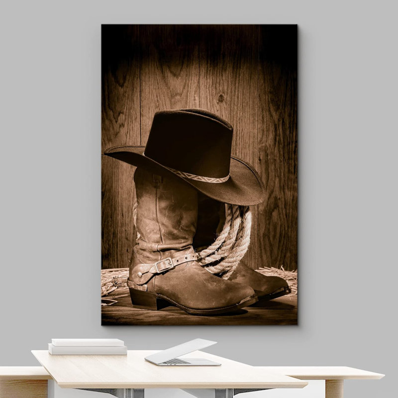 Cowboy, chapeau noir, bottes occidentales sur toile, reproduction de photo