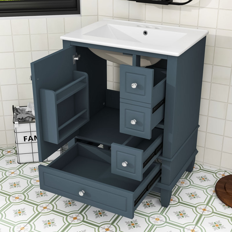 Meuble-lavabo autoportant avec lavabo en céramique 3 tiroirs et armoire de rangement, Bleu gris
