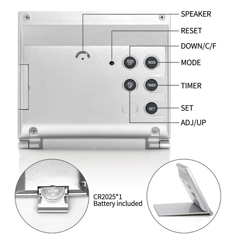 Digital Travel Alarm Clock - Foldable Calendar Temperature Timer LCD Clock with Snooze Mode - Large Number Display, Battery Operated - Compact Desk Clock(Silver, No Backlight)