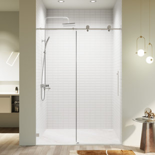 46-48 In W X 76 In H Shower Door, Frameless Single Sliding With Soft-Close 5/16 In Tempered Glass Door Smooth Rollers Stainless Steel Hardware Modern Bathroom Enclosure For Spacious Shower Experience