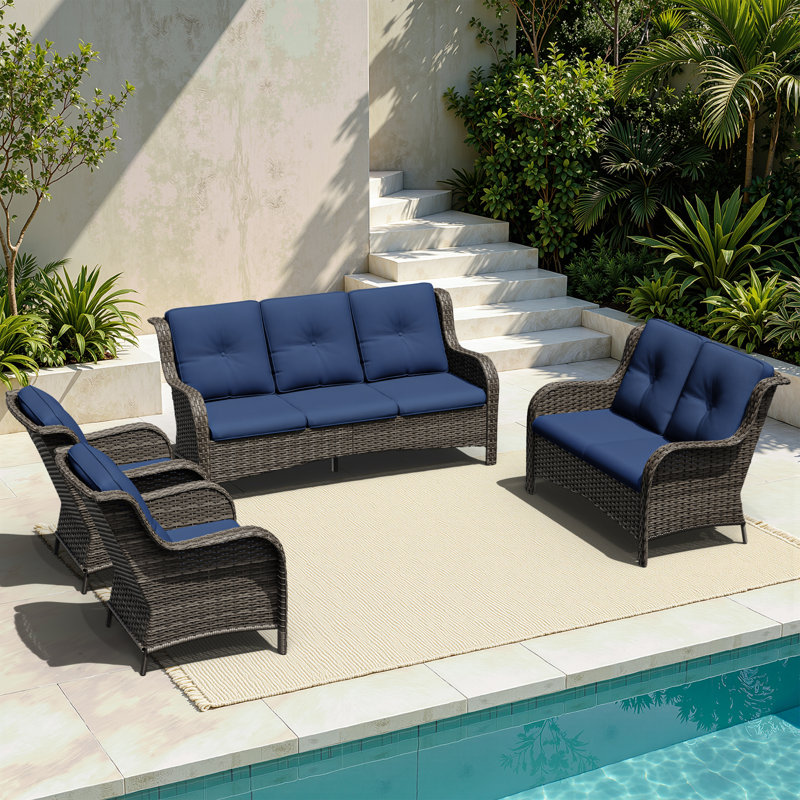 Ensemble de conversation d'extérieur en osier pour patio, meubles en rotin PE toutes saisons 4 pièces avec canapé 3 places, fauteuils et coussins moelleux, parfait pour la cour, le porche, la terrasse et la piscine