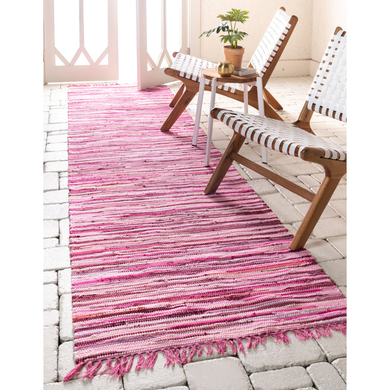 Tapis géométrique en coton tissé à la main Pritchard, Tapis de couloir 2 pi 7 po x 9 pi 10 po, Pink
