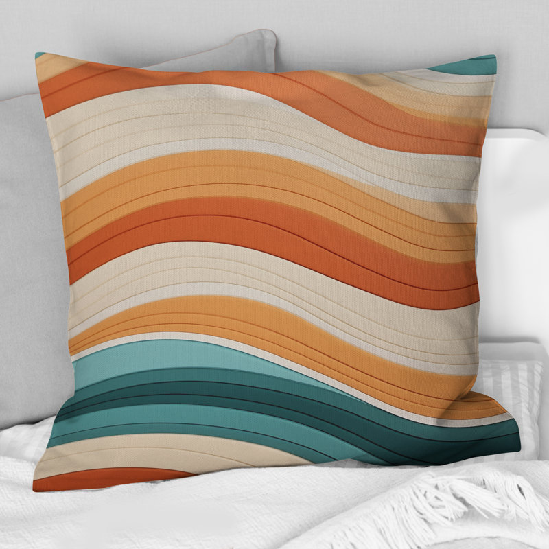 Vagues d'élégance rétro en bleu et orange - Coussin décoratif imprimé Mid-Century abstrait, 18" x 18"