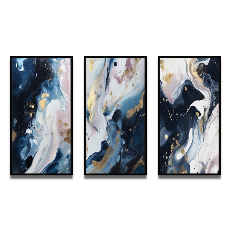 «Blue and White Enigmatic Stones», 3 pièces sur toile, H 28 po x l 36 po, Cadre flottant noir