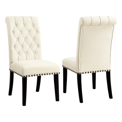 Beige Fabric Upholstered Chairs   Of 2 , Showcasing Alluring Rolled Backs 2 Dining With Attractive Back Style