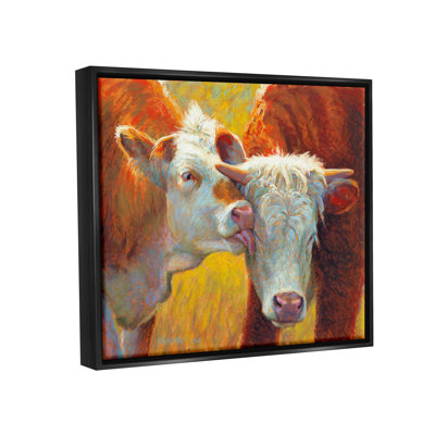 Vache léchant des animaux de ferme par Rita Kirkman - peinture sur toile à cadre flottant