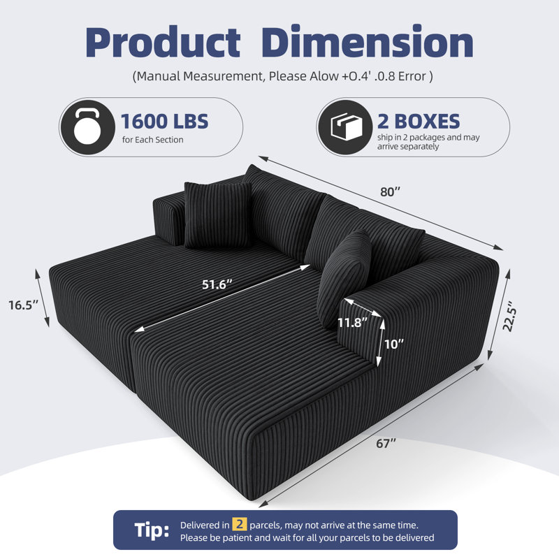 Boneless 80.3" Oversized Double Lounge Chaise, Boneless Lounge Sofa Bed With 4 Pillows Cloud Loveseat Sleeper Couch For Indoor Living Room