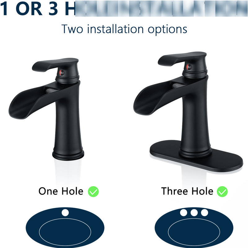Bathroom Faucet With Deck Plate Waterfall, Black Matte, Pop Up Drain, Supply Lines, One Handle , Geometric Design, Side Functionality Matte Waterfall Sink Faucet, Plate, Hoses, Single Style,