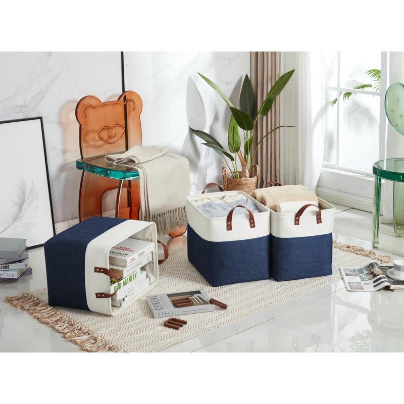 Bac de rangement pliable | Panier pliable en tissu robuste avec poignées, Bleu marine et blanc