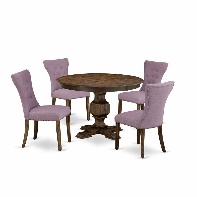 L'ensemble 5 pièces de table et chaises de cuisine comprend une table de salle à manger ronde avec piédestal et 4 chaises de salle à manger Parsons en lin Dahlia, patiné Jacobean