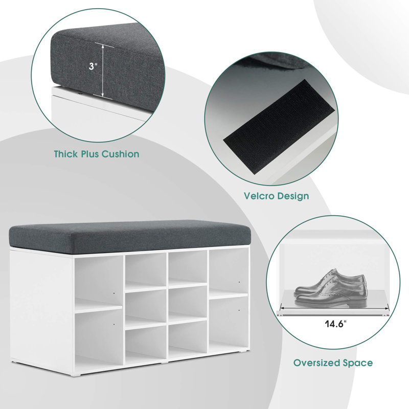 Ivinta White Shoe Storage Bench with Gray Cushion and 10 Cubbies