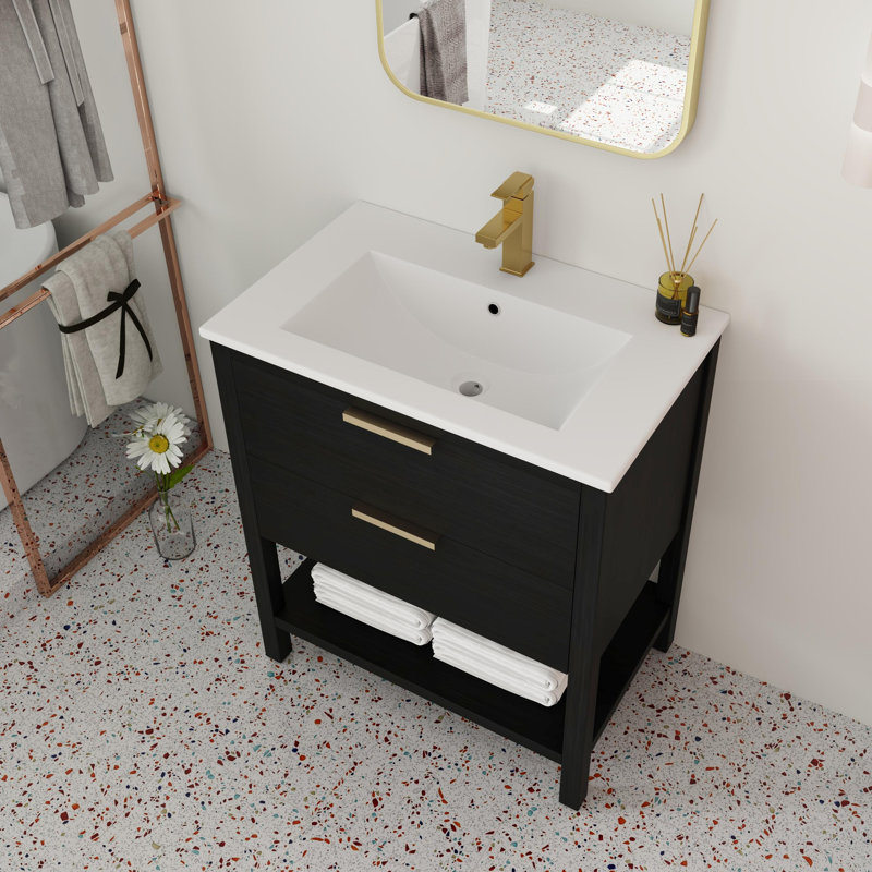30" Single Freestanding Bathroom Vanity with Ceramic Basin Sink Top, Floor Standing Vanity With 2 Drawers And 1 Open Shelf