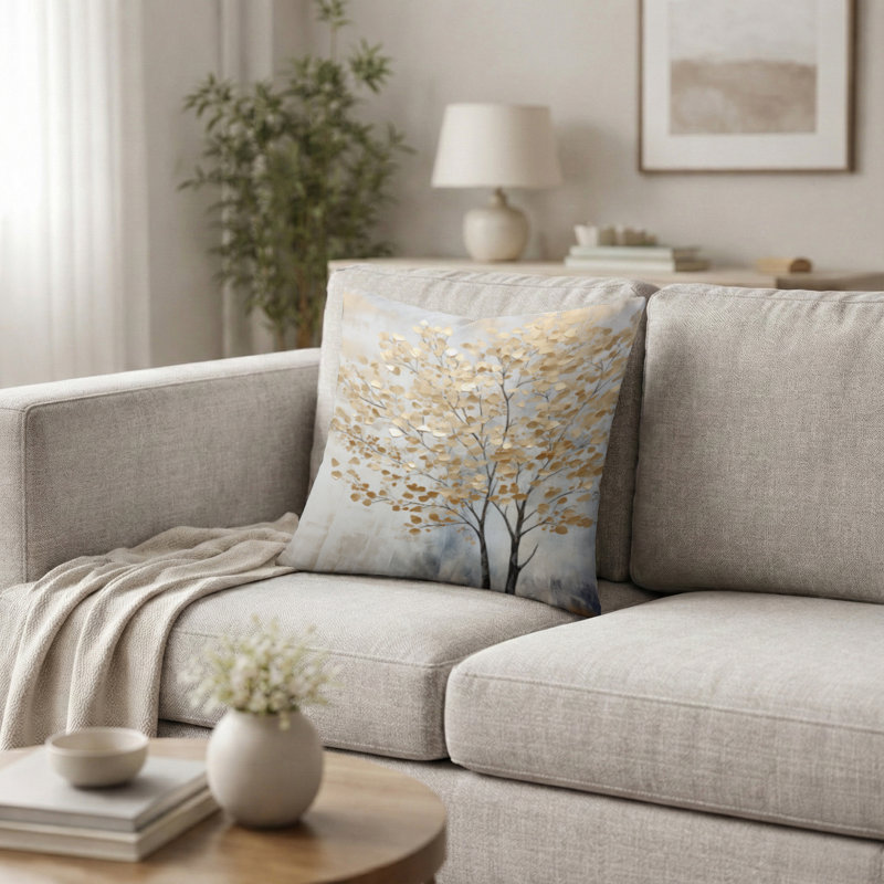Minimalism Gold And Blue Trees Scene Pillow - Trees Printed Throw Pillow, 18"H x 18"W