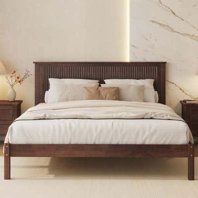 Queen Size Solid Rubber Wood Bed with Wave-Styled Headboard