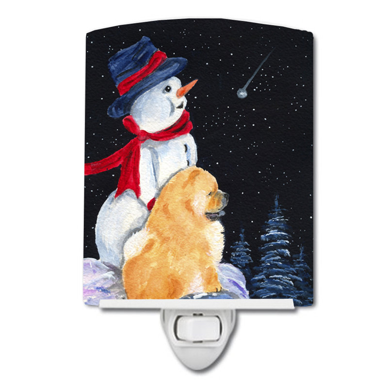 Éclairage de nuit en céramique bonhomme de neige avec chow chow