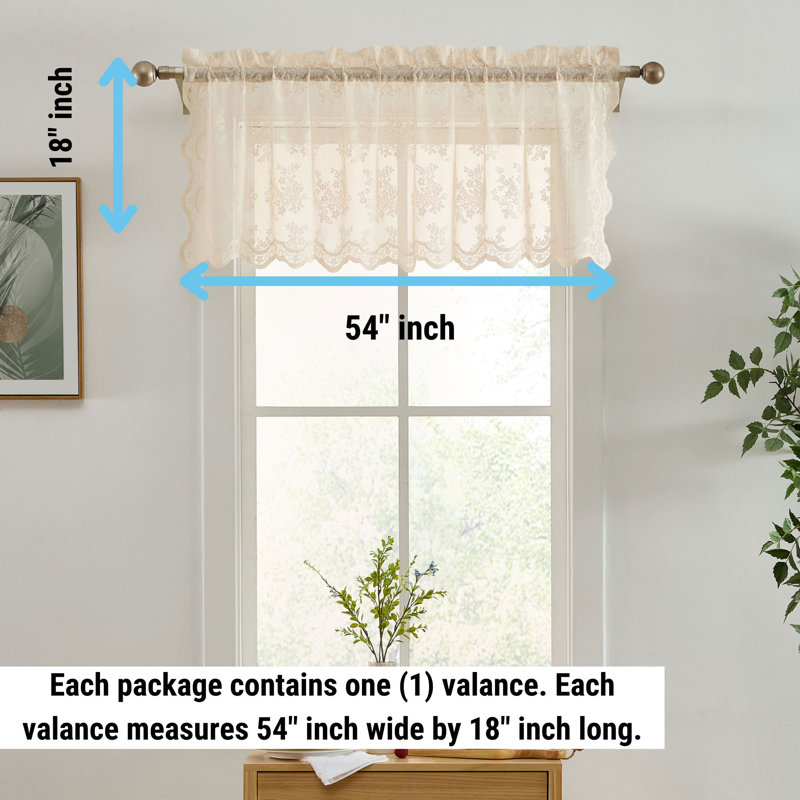 Stefani Floral Rod Pocket Lace Semi Sheer Voile Short Valance for Small Windows, Kitchen & Bathroom - 54 x 18 Inch Length