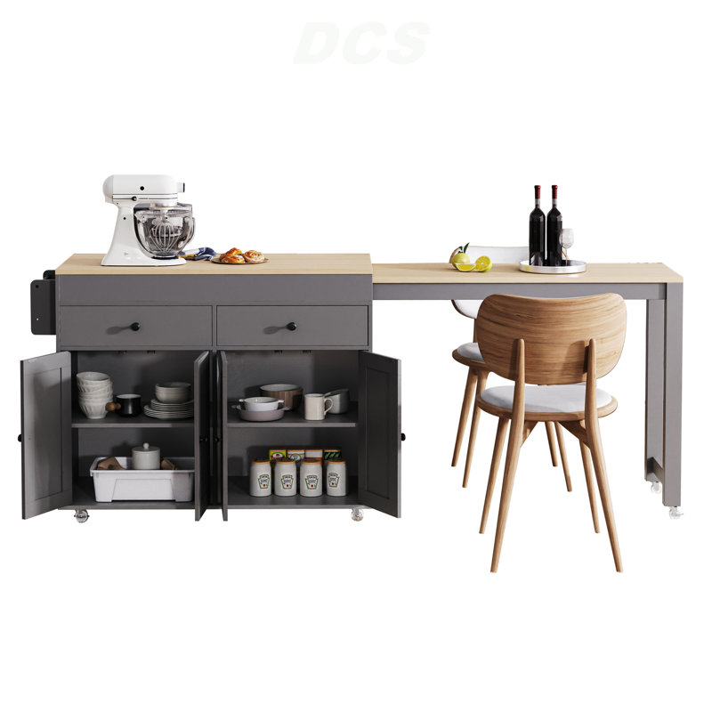 74.5 Inch Kitchen Island With Extendable Dining Table , Rolling Kitchen Island On Wheels With Spice Rack And 2 Drawers, 4 Door Cabinet, For Kitchen, Dining Room, Grey (Two Packages), Kitchen Island