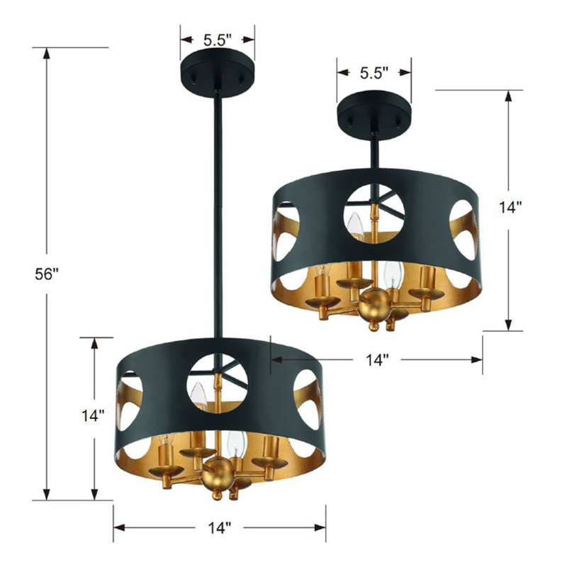 Luminaire tambour suspendu 4 lumières Annabel, Noir mat / Or antique