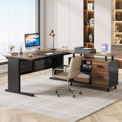 63" L-Shaped Executive Desk with File Cabinet, Large Modern Office Desk with Drawers, Shelves & Storage, Corner Computer Workstation for Home Office,