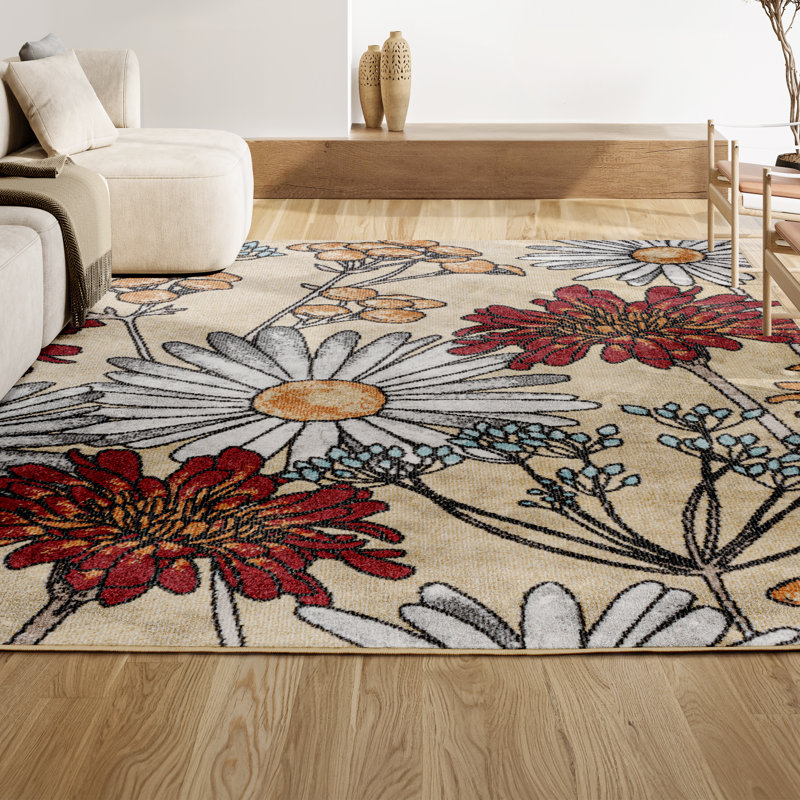 Dizi Modern Botanical Wildflower Yellow/Ivory/Red Rug, Rectangle 5'3" x 8'