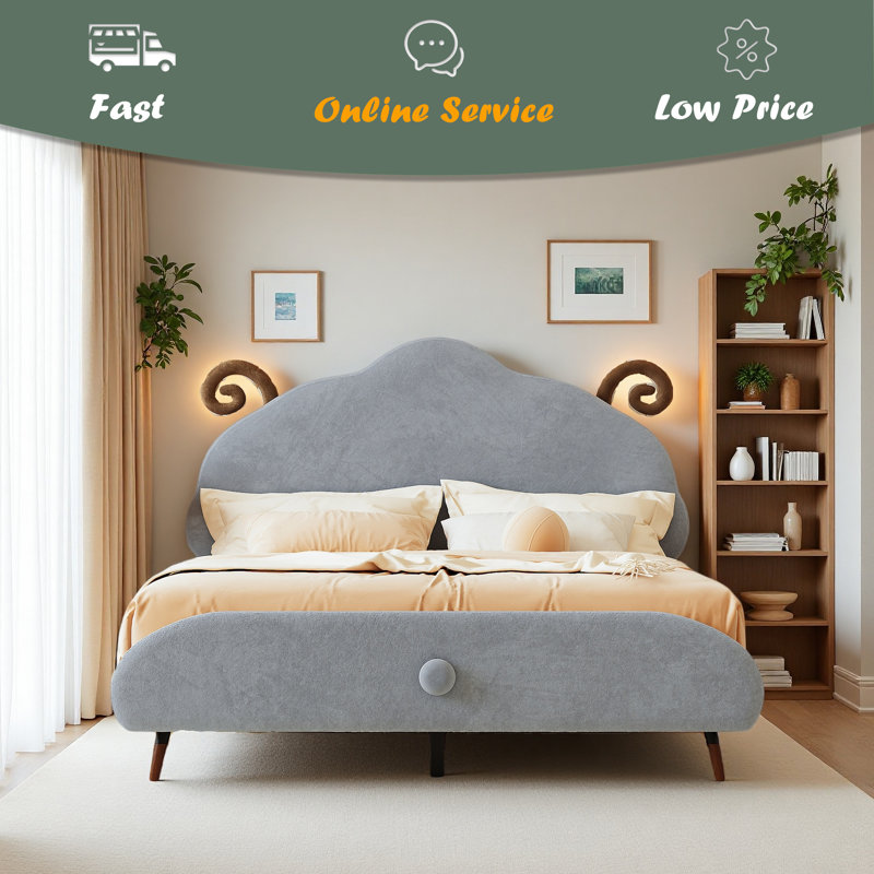Upholstered Platform Bed With Sheep-Shaped Headboard, Grey, Full