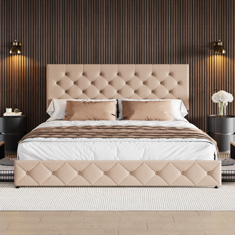 Zelna Upholstered Platform Storage Bed with 4 Drawers and Sleek Button Tufting, King, Beige