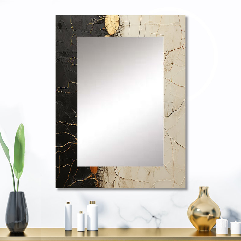 Black Gold Adorned Poteries IV - Abstract Spirals Unique Wall Mirror Decor, Modern Large Mirror, Printed Metal Art, 32" x 24"