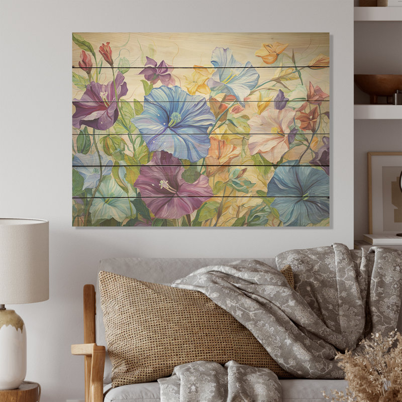 «Purple Morning Glory Flowers I - Flowers», art mural sur bois de pin naturel, H 30 po x l 40 po
