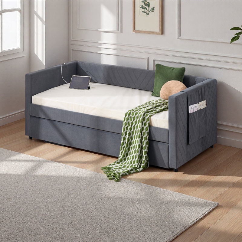 Twin Size Upholstered Daybed With Trundle,USB Port ,Side Pockets, Modern V-Grained Backrest Design,No Box Spring Needed, For Bedroom, Guest Room