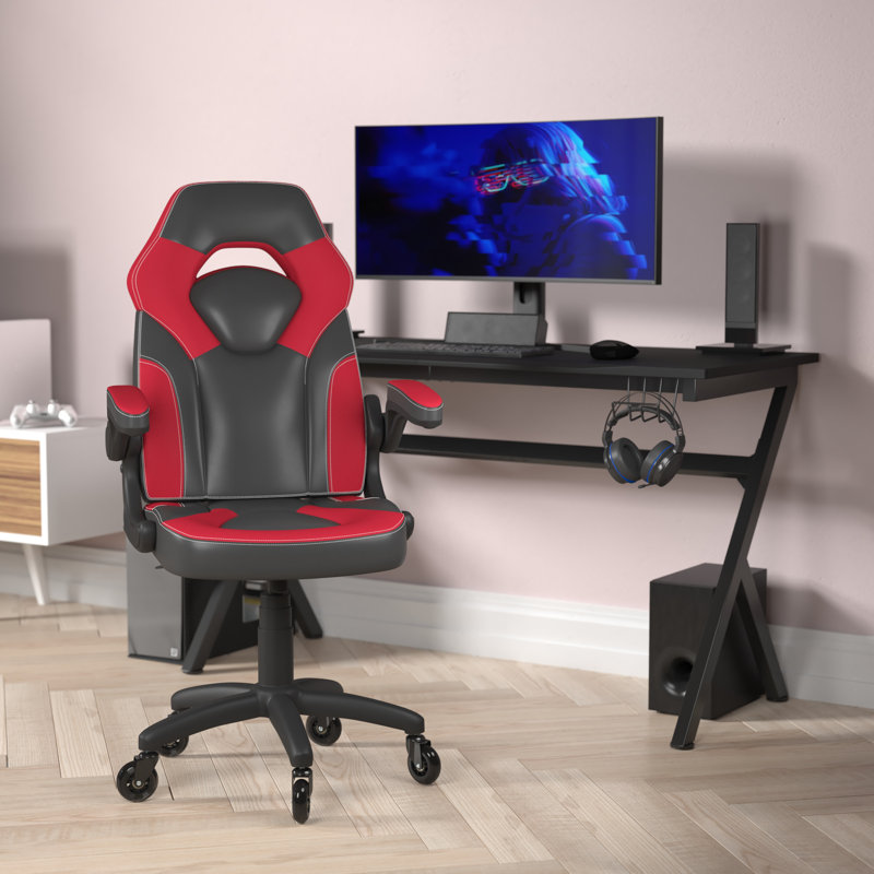 Fauteuil de jeu Katilyn avec roulettes et accoudoirs relevables - LeatherSoft, Rouge