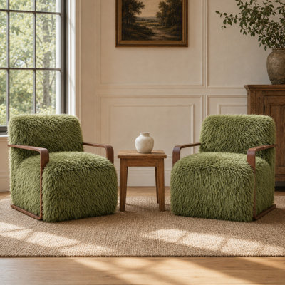 2-Pieces 28.3" Wide Faux Fur Accent Chair,Upholstered Lounge Chair With Curved Wooden Arms,Tight Back & Seat,Armchair For Living Room,Bedroom
