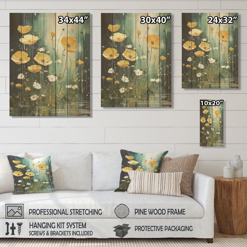 «Yellow Buttercup» jaune, fleurs et beauté III - boutons d'or sur bois, H 40 po x l 30 po