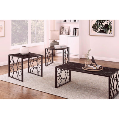Modern 3-piece occasional table set, black cocktail table side table mosaic printed reinforced glass top