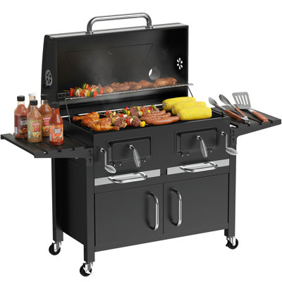 Bestfire Extra Large Charcoal Bbq Grill, Dual Charcoal Trays, Enamel Grates & Chrome Warming Rack, Outdoor Barbecue Smoker With 4 Wheels & Side Tables