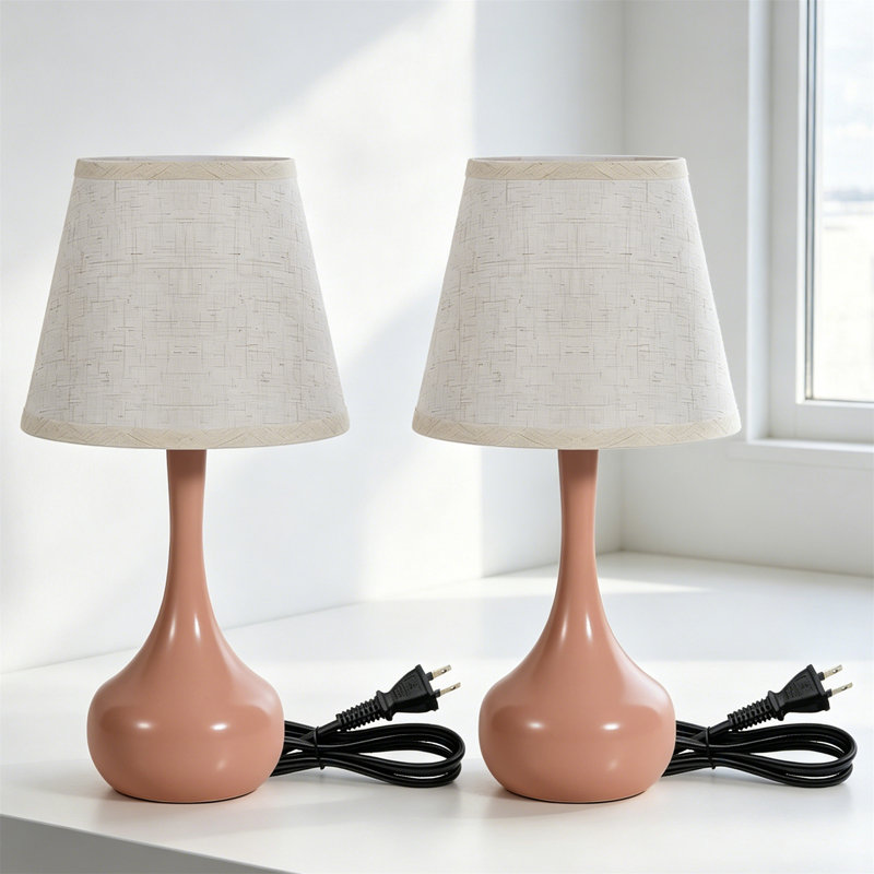 Ensemble de 2 lampes de table à intensité variable avec base en métal noir et abat-jour en tissu, ampoules incluses, Rose